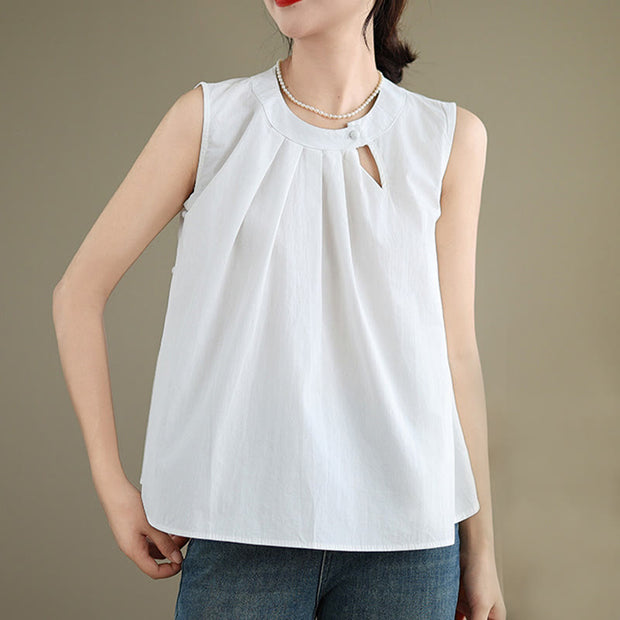 Buddha Stones Summer Solid Color Pleated Design Halter Neck Sleeveless Cotton Linen Women's Vest