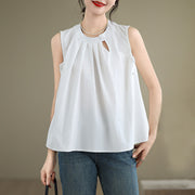 Buddha Stones Summer Solid Color Pleated Design Halter Neck Sleeveless Cotton Linen Women's Vest