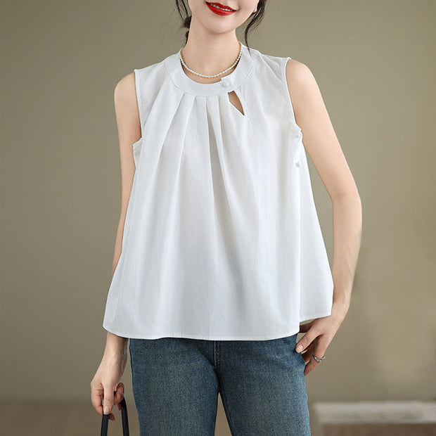 Buddha Stones Summer Solid Color Pleated Design Halter Neck Sleeveless Cotton Linen Women's Vest