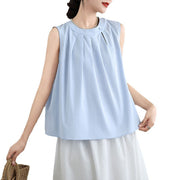 Buddha Stones Summer Solid Color Pleated Design Halter Neck Sleeveless Cotton Linen Women's Vest