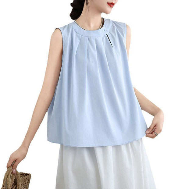 Buddha Stones Summer Solid Color Pleated Design Halter Neck Sleeveless Cotton Linen Women's Vest