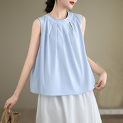 Buddha Stones Summer Solid Color Pleated Design Halter Neck Sleeveless Cotton Linen Women's Vest