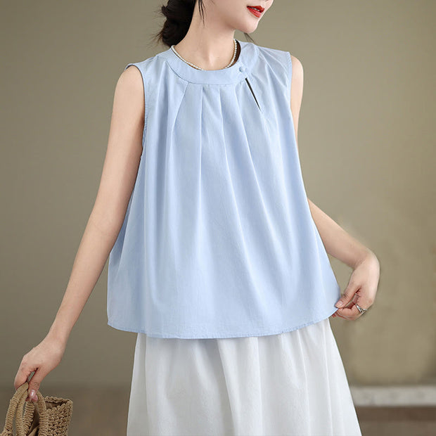 Buddha Stones Summer Solid Color Pleated Design Halter Neck Sleeveless Cotton Linen Women's Vest