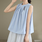 Buddha Stones Summer Solid Color Pleated Design Halter Neck Sleeveless Cotton Linen Women's Vest