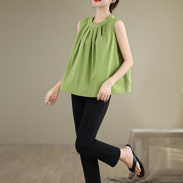 Buddha Stones Summer Solid Color Pleated Design Halter Neck Sleeveless Cotton Linen Women's Vest