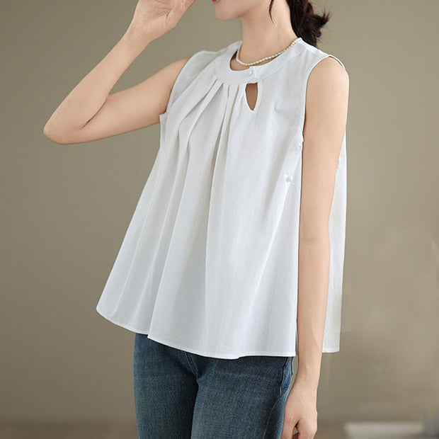 Buddha Stones Summer Solid Color Pleated Design Halter Neck Sleeveless Cotton Linen Women's Vest