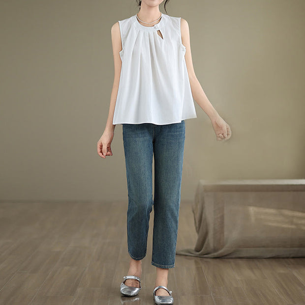 Buddha Stones Summer Solid Color Pleated Design Halter Neck Sleeveless Cotton Linen Women's Vest