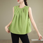 Buddha Stones Summer Solid Color Pleated Design Halter Neck Sleeveless Cotton Linen Women's Vest