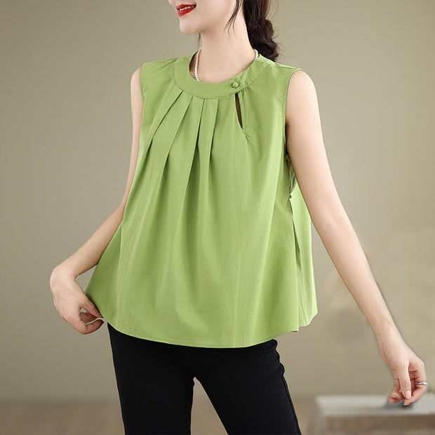 Buddha Stones Summer Solid Color Pleated Design Halter Neck Sleeveless Cotton Linen Women's Vest
