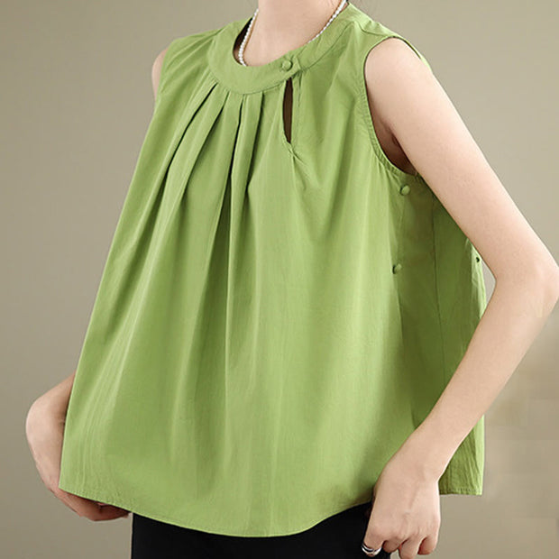 Buddha Stones Summer Solid Color Pleated Design Halter Neck Sleeveless Cotton Linen Women's Vest
