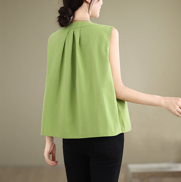 Buddha Stones Summer Solid Color Pleated Design Halter Neck Sleeveless Cotton Linen Women's Vest