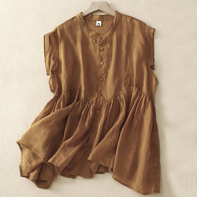 Buddha Stones Casual Solid Color Front Button Patchwork Design Sleeveless Cotton Linen Stand Collar Women's Vest Cardigan