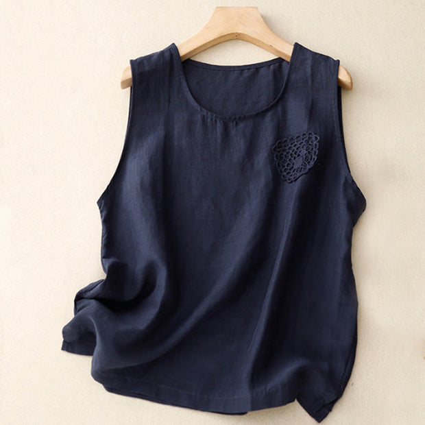 Buddha Stones Casual Pure Color Embroidery Patchwork Design Sleeveless Crew Neck Women's Cotton Linen Vest