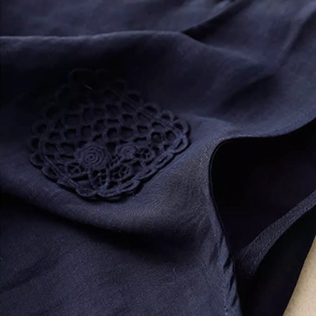 Buddha Stones Casual Pure Color Embroidery Patchwork Design Sleeveless Crew Neck Women's Cotton Linen Vest