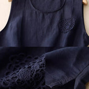 Buddha Stones Casual Pure Color Embroidery Patchwork Design Sleeveless Crew Neck Women's Cotton Linen Vest