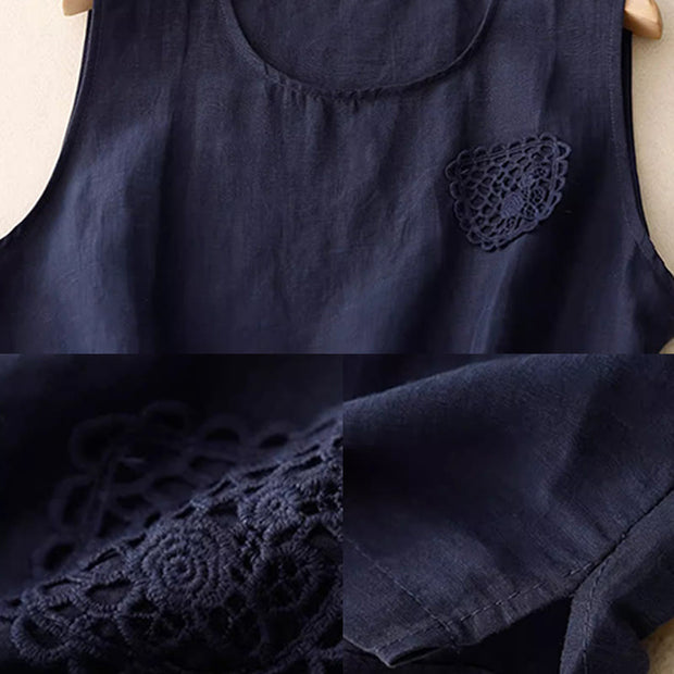 Buddha Stones Casual Pure Color Embroidery Patchwork Design Sleeveless Crew Neck Women's Cotton Linen Vest