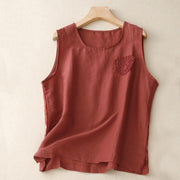 Buddha Stones Casual Pure Color Embroidery Patchwork Design Sleeveless Crew Neck Women's Cotton Linen Vest
