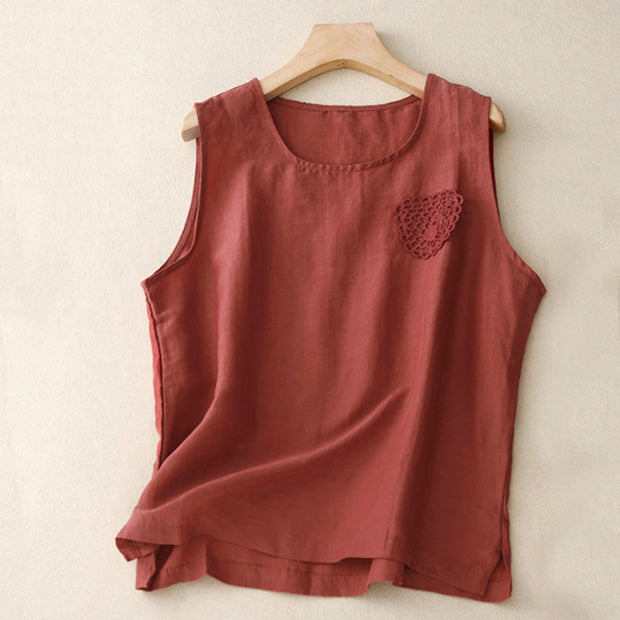 Buddha Stones Casual Pure Color Embroidery Patchwork Design Sleeveless Crew Neck Women's Cotton Linen Vest