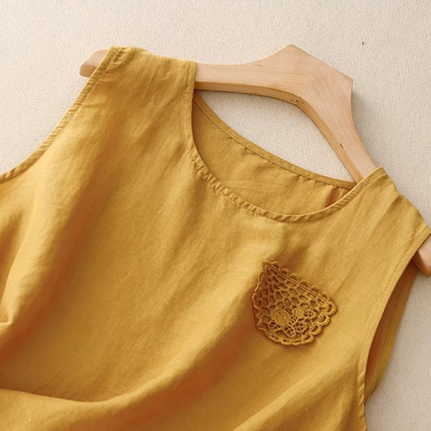 Buddha Stones Casual Pure Color Embroidery Patchwork Design Sleeveless Crew Neck Women's Cotton Linen Vest