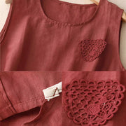 Buddha Stones Casual Pure Color Embroidery Patchwork Design Sleeveless Crew Neck Women's Cotton Linen Vest
