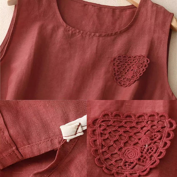 Buddha Stones Casual Pure Color Embroidery Patchwork Design Sleeveless Crew Neck Women's Cotton Linen Vest