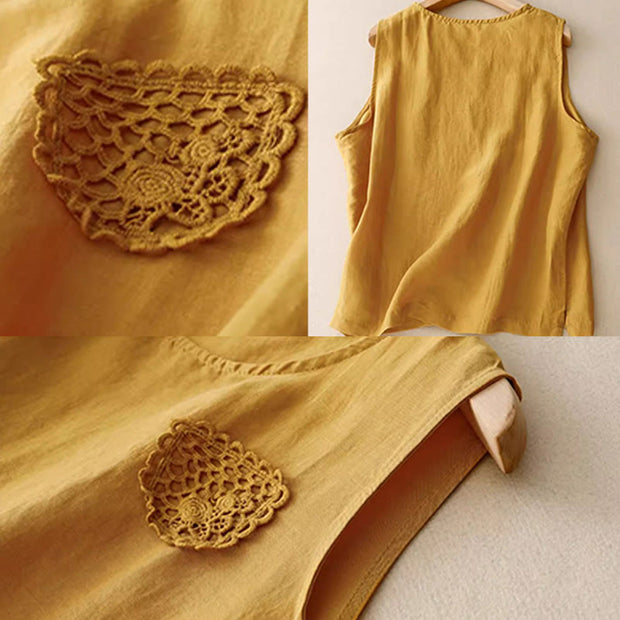 Buddha Stones Casual Pure Color Embroidery Patchwork Design Sleeveless Crew Neck Women's Cotton Linen Vest