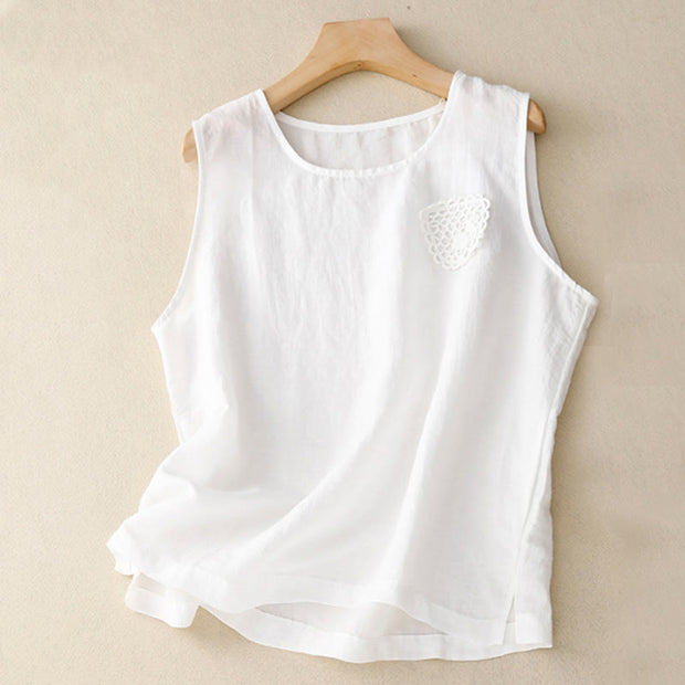 Buddha Stones Casual Pure Color Embroidery Patchwork Design Sleeveless Crew Neck Women's Cotton Linen Vest