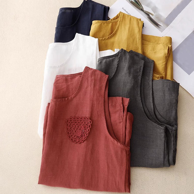 Buddha Stones Casual Pure Color Embroidery Patchwork Design Sleeveless Crew Neck Women's Cotton Linen Vest