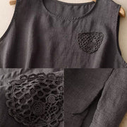 Buddha Stones Casual Pure Color Embroidery Patchwork Design Sleeveless Crew Neck Women's Cotton Linen Vest