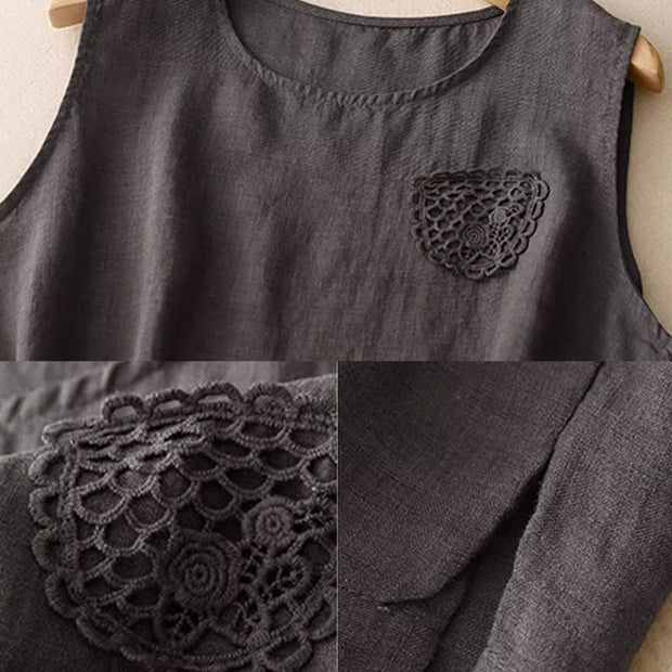 Buddha Stones Casual Pure Color Embroidery Patchwork Design Sleeveless Crew Neck Women's Cotton Linen Vest