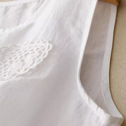 Buddha Stones Casual Pure Color Embroidery Patchwork Design Sleeveless Crew Neck Women's Cotton Linen Vest