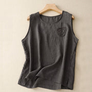 Buddha Stones Casual Pure Color Embroidery Patchwork Design Sleeveless Crew Neck Women's Cotton Linen Vest