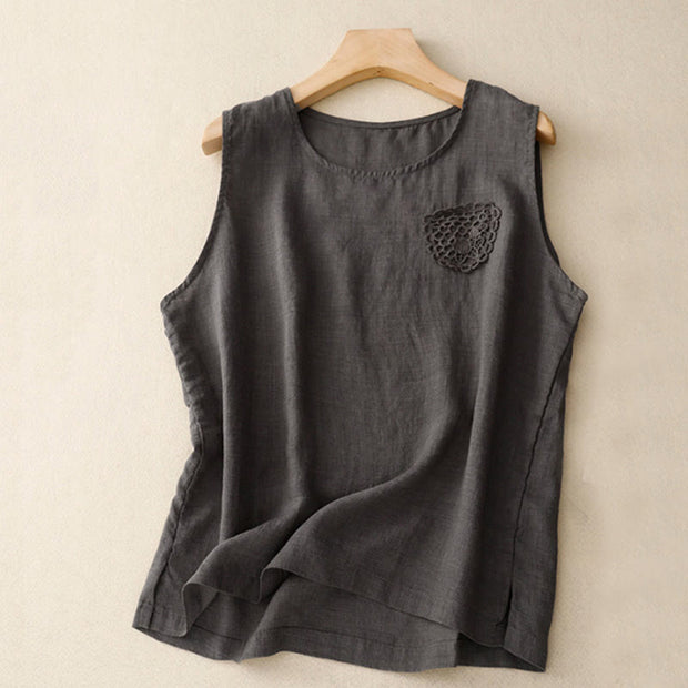 Buddha Stones Casual Pure Color Embroidery Patchwork Design Sleeveless Crew Neck Women's Cotton Linen Vest