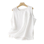 Buddha Stones Casual Pure Color Embroidery Patchwork Design Sleeveless Crew Neck Women's Cotton Linen Vest