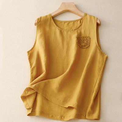 Buddha Stones Casual Pure Color Embroidery Patchwork Design Sleeveless Crew Neck Women's Cotton Linen Vest