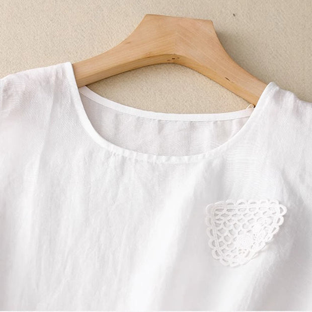 Buddha Stones Casual Pure Color Embroidery Patchwork Design Sleeveless Crew Neck Women's Cotton Linen Vest