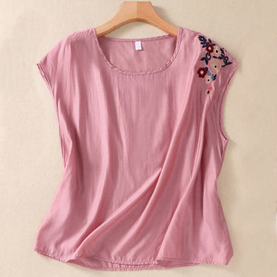 Buddha Stones Casual Vintage Plain Embroidery Flower Pattern Contrasting Color Sleeveless Crew Neck Women's Cotton Linen Vest