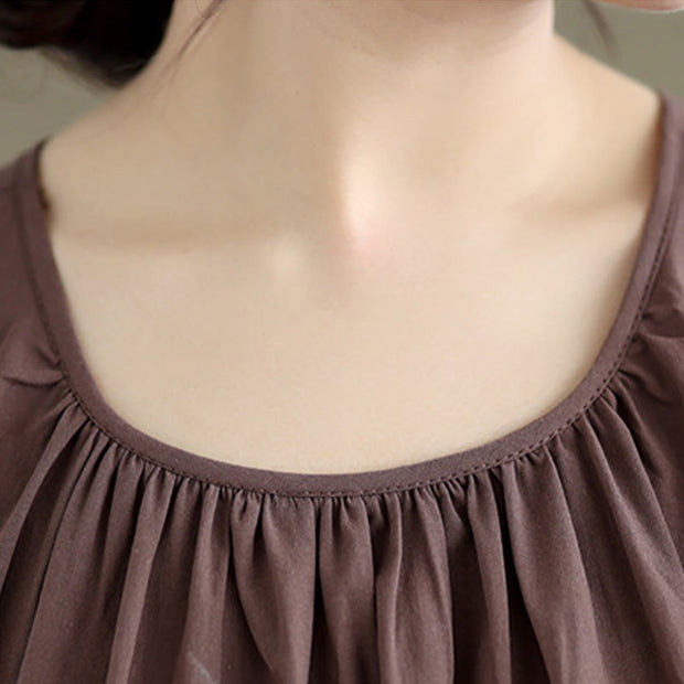 Buddha Stones Summer Artistic Solid Color Pleated Crew Neck Design Women's Cotton Linen  Vest
