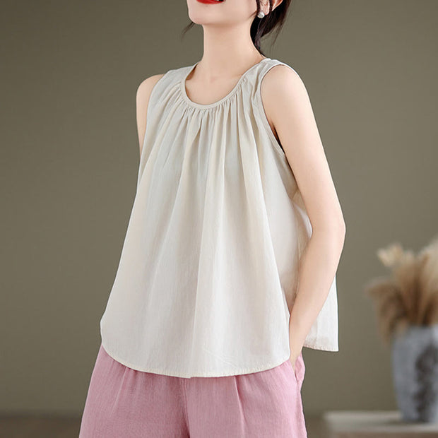 Buddha Stones Summer Artistic Solid Color Pleated Crew Neck Design Women's Cotton Linen  Vest