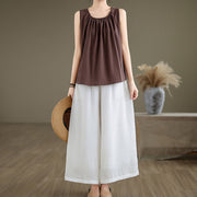 Buddha Stones Summer Artistic Solid Color Pleated Crew Neck Design Women's Cotton Linen  Vest