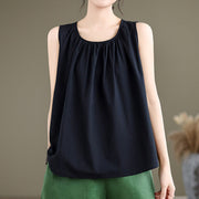 Buddha Stones Summer Artistic Solid Color Pleated Crew Neck Design Women's Cotton Linen  Vest