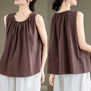 Buddha Stones Summer Artistic Solid Color Pleated Crew Neck Design Women's Cotton Linen  Vest