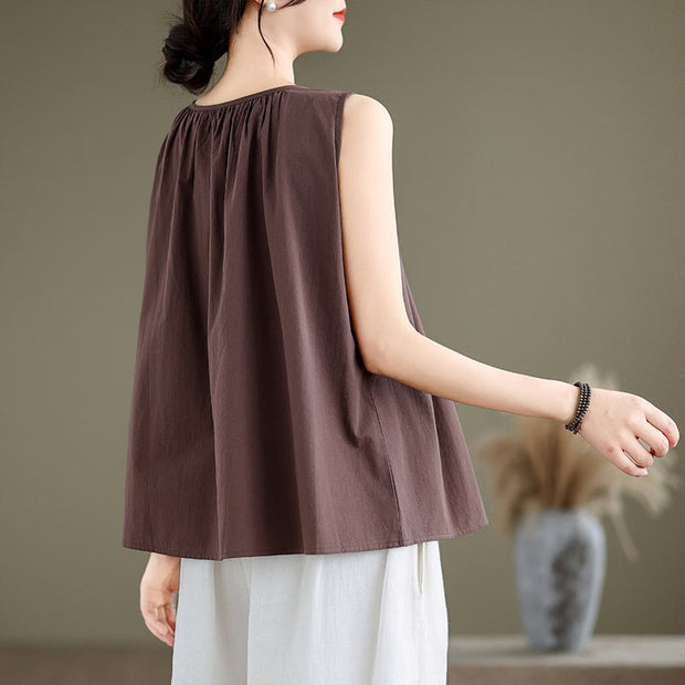 Buddha Stones Summer Artistic Solid Color Pleated Crew Neck Design Women's Cotton Linen  Vest