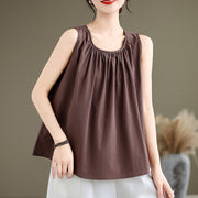 Buddha Stones Summer Artistic Solid Color Pleated Crew Neck Design Women's Cotton Linen  Vest