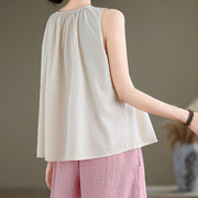 Buddha Stones Summer Artistic Solid Color Pleated Crew Neck Design Women's Cotton Linen  Vest