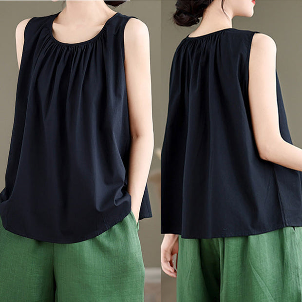 Buddha Stones Summer Artistic Solid Color Pleated Crew Neck Design Women's Cotton Linen  Vest