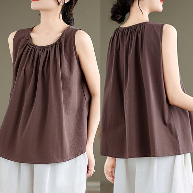 Buddha Stones Summer Artistic Solid Color Pleated Crew Neck Design Women's Cotton Linen  Vest