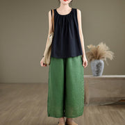 Buddha Stones Summer Artistic Solid Color Pleated Crew Neck Design Women's Cotton Linen  Vest
