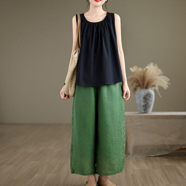 Buddha Stones Summer Artistic Solid Color Pleated Crew Neck Design Women's Cotton Linen  Vest