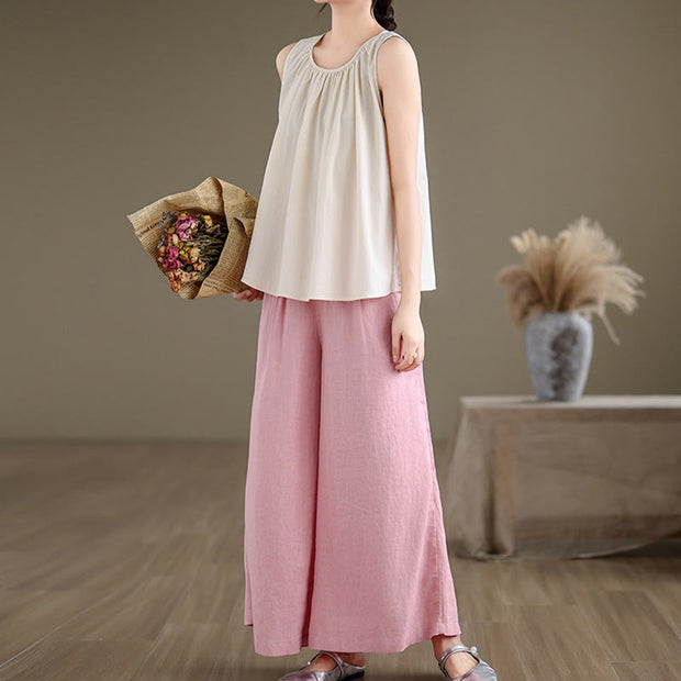 Buddha Stones Summer Artistic Solid Color Pleated Crew Neck Design Women's Cotton Linen  Vest